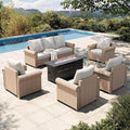HERA'S HOUSE 6-Piece Patio Furniture Set, All Weather 7 Seats Outdoor Wicker Sofa with 57" Fire Pit Table, 5.5" Thick Waterproof Cushion Conversation Couch Set for Garden Deck Backyard, Beige