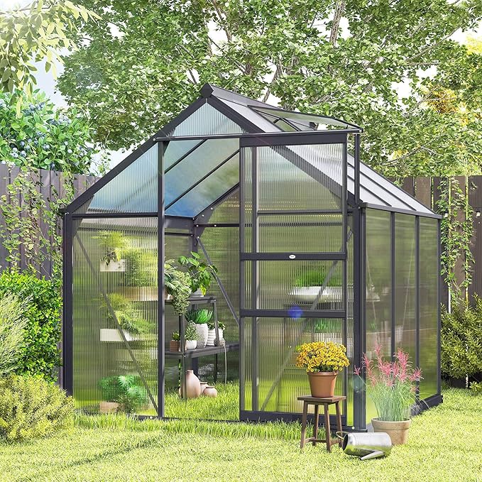 Outsunny 6' x 6' Greenhouse for Outdoors, Polycarbonate Greenhouse with Rain Gutter and Roof Vent, Aluminum Walk-in Green Houses for Outside for Patio Backyard Garden, Gray