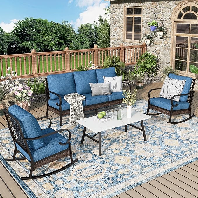 Patio Furniture Set with Coffee Table, Outdoor Conversation Set with 2 x Rocking Chairs, 1 x 3-Seat Sofa for Lawn Garden Backyard, Pacific Blue