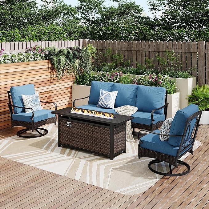 PHI VILLA Patio Furniture Set with 56" Fire Pit Table, Premium Outdoor Wicker Metal Frame Furniture with Upgraded Waterproof Thick Cushions for Porch, Poolside, Deck, and Yard（4 Pieces,Navy