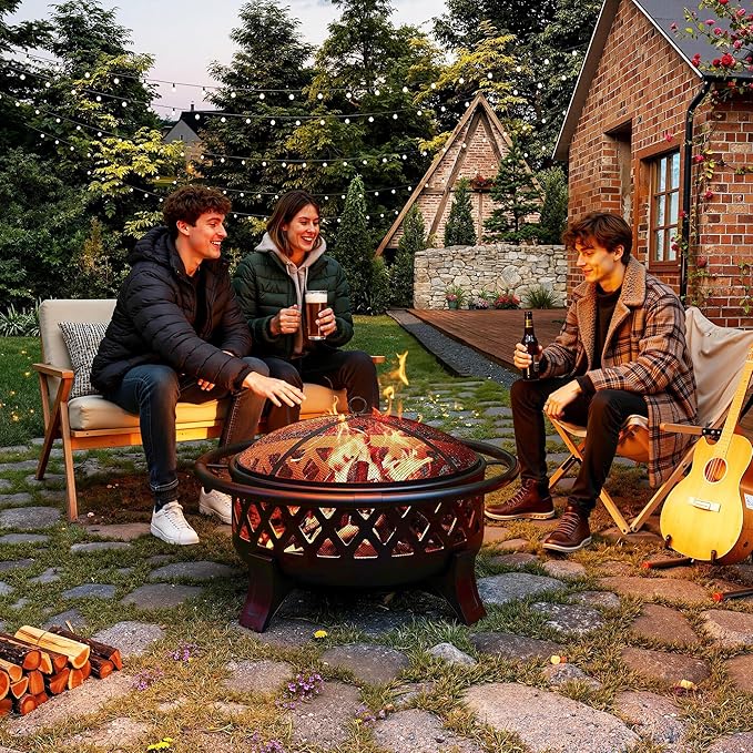 Outdoor Fire Pit with Spark Screen Cover, 37 Inch Wood Burning Fire Pit with Stoker Tool, Portable Firepits for Outside Camping, Patio, Backyard