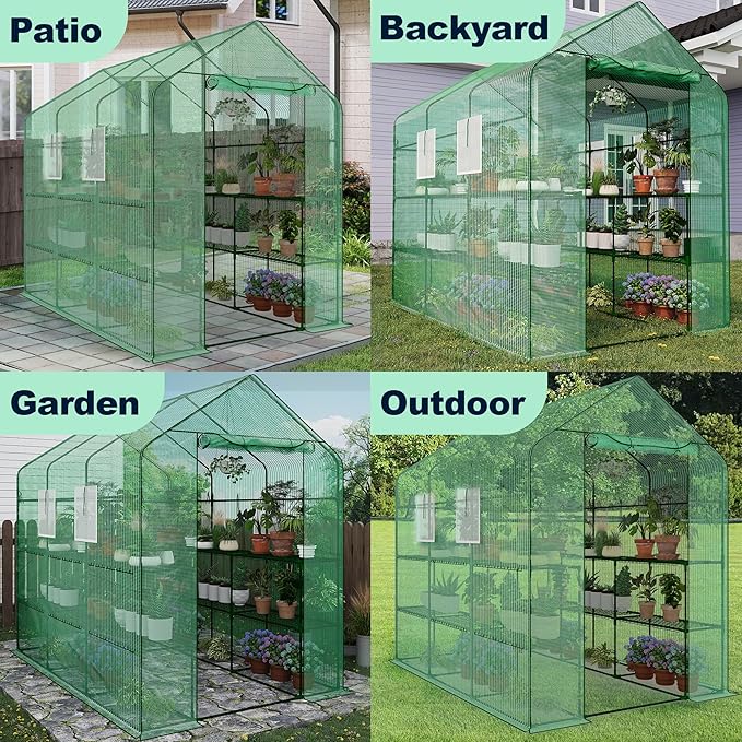 Greenhouse, 57 x 85 x 77'' Greenhouses for Outdoors, with Mesh Side Windows, PE Cover, 8 Shelves, Heavy Duty Walk in Green House for Backyard Garden Indoor, White& Green Outside