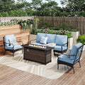 Patio Furniture Set with 56" Fire Pit Table, Premium Outdoor Wicker Metal Frame Furniture with Upgraded Waterproof Thick Cushions for Porch, Poolside, Deck, and Yard （4 Pieces,Blue）