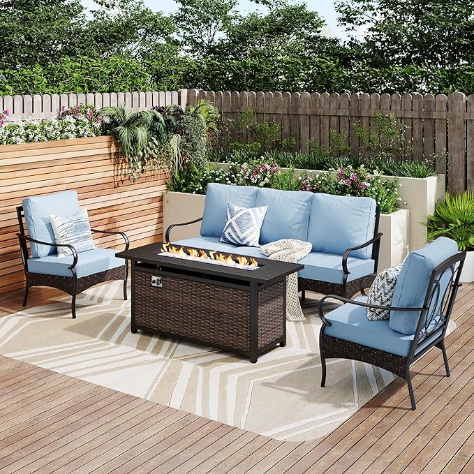Patio Furniture Set with 56" Fire Pit Table, Premium Outdoor Wicker Metal Frame Furniture with Upgraded Waterproof Thick Cushions for Porch, Poolside, Deck, and Yard （4 Pieces,Blue）
