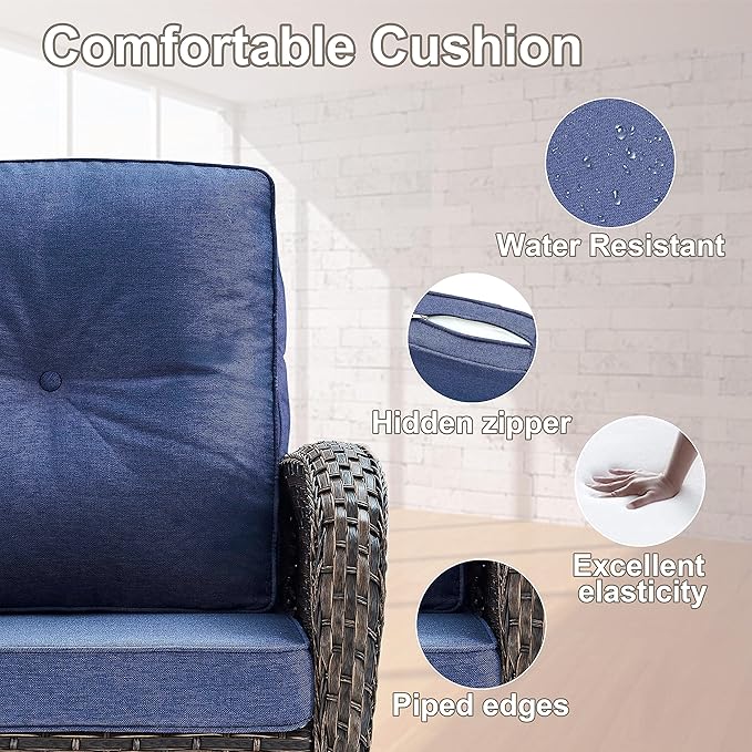 Patio Furniture Swivel Glider PE Wicker Chairs, Outdoor Swivel Rocker Seating with Cushions for Porch Deck Balcony, Brown Wicker Blue Cushion