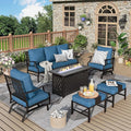 Patio Furniture Set, 6 Pcs Metal Outdoor Conversation Set, 2 Rocker Chairs, 2 Ottomans and 3 Seater Sofa with 5.75" Extra Thick Cushion and Gas Fire Pit Table, Gemstone Blue