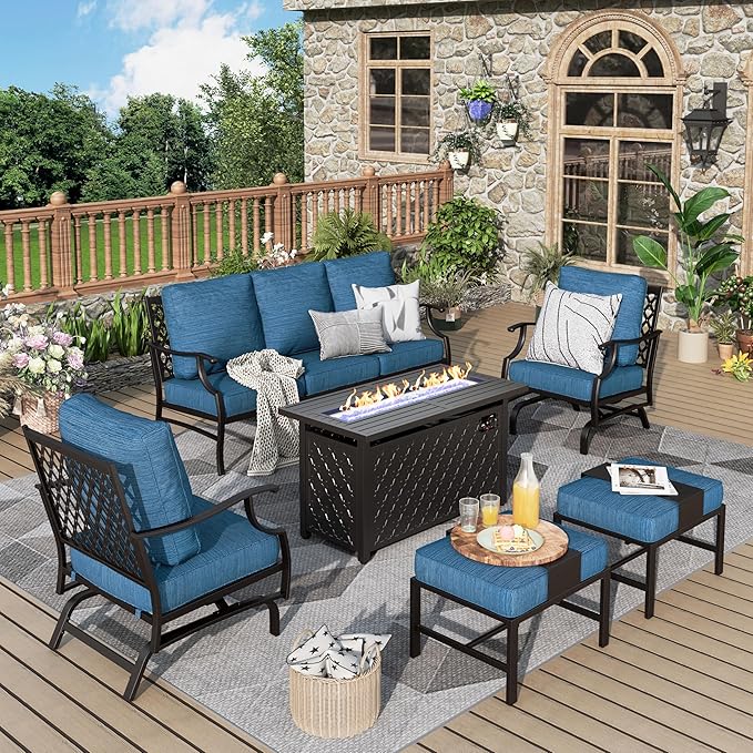 Patio Furniture Set, 6 Pcs Metal Outdoor Conversation Set, 2 Rocker Chairs, 2 Ottomans and 3 Seater Sofa with 5.75" Extra Thick Cushion and Gas Fire Pit Table, Gemstone Blue
