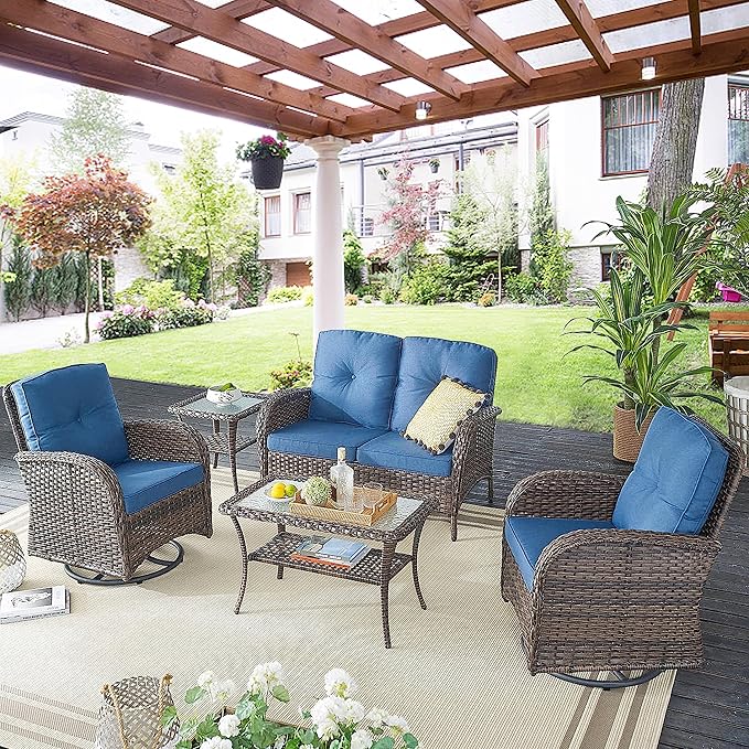 Patio Furniture Swivel Glider PE Wicker Chairs, Outdoor Swivel Rocker Seating with Cushions for Porch Deck Balcony, Brown Wicker Blue Cushion