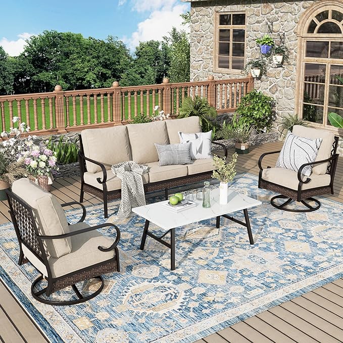 Patio Furniture Set with Coffee Table, Outdoor Conversation Set with 2 x Swivel Chairs, 1 x 3-Seat Sofa for Lawn Garden Backyard, Beige