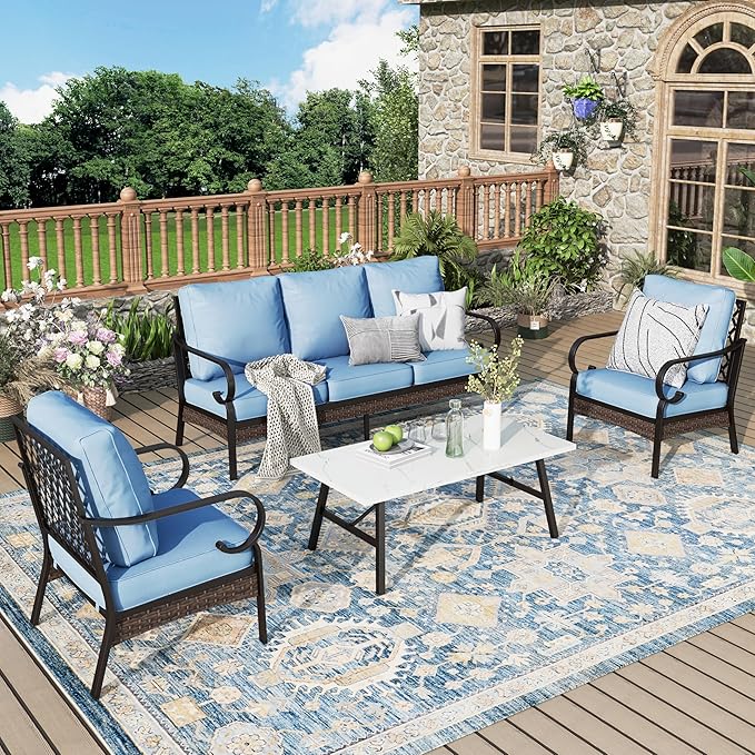 Patio Furniture Set with Coffee Table, Outdoor Conversation Set with 2 x Fixed Chairs, 1 x 3-Seat Sofa for Lawn Garden Backyard, Blue