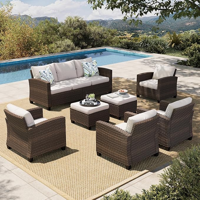 HERA'S HOUSE Wicker Patio Furniture Set, 7 Pieces Outdoor Seating Furniture, Patio Conversation Sofa Sets with Ottomans for Backyard Lawn Deck, Beige