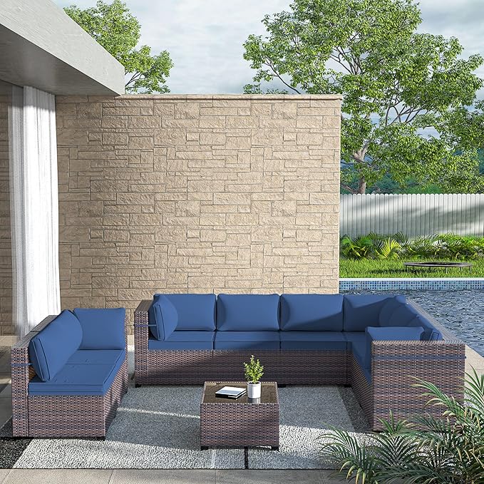 Outdoor Patio Furniture Set, 9 Pieces Outdoor Sectional Furniture Patio Set, All-Weather PE Rattan Patio Conversation Set with Tempered Glass Top Table & Cushions(Dark Blue).