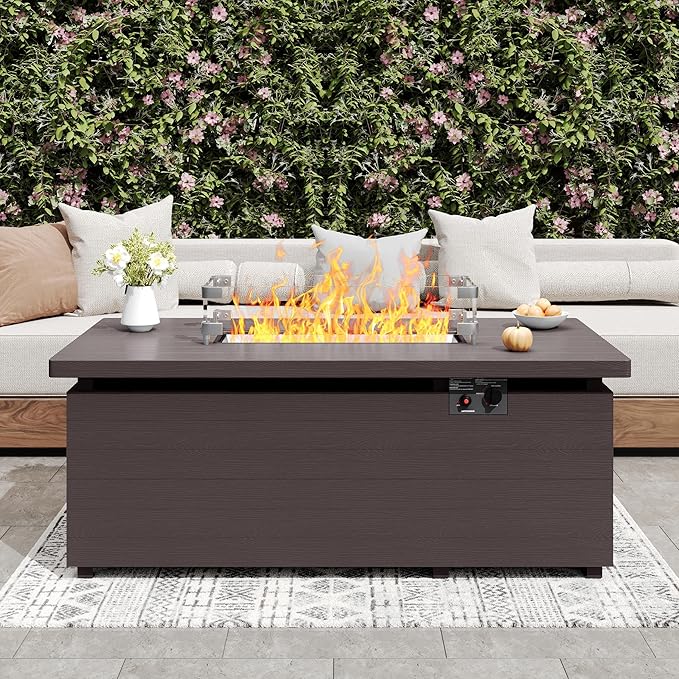 Sundale Outdoor 51 Inch Outdoor Fire Pit Table, 50,000BTU Rectangle Propane Fire Pit with Sliding Tank Holder, Glass Wind Guard, Removable Lid, CSA Certified, Brown