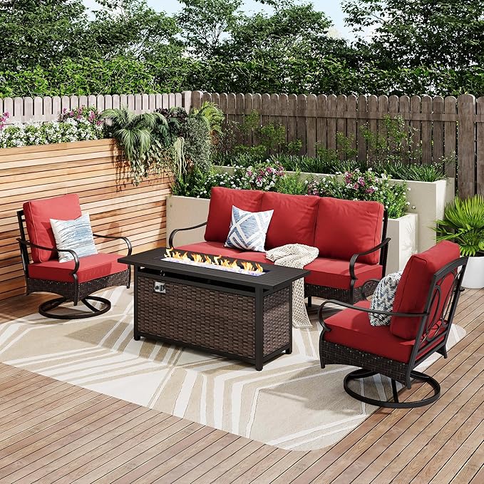 PHI VILLA Patio Furniture Set with 56" Fire Pit Table, Premium Outdoor Wicker Metal Frame Furniture with Upgraded Waterproof Thick Cushions for Porch, Poolside, Deck, and Yard （4 Pieces,Red
