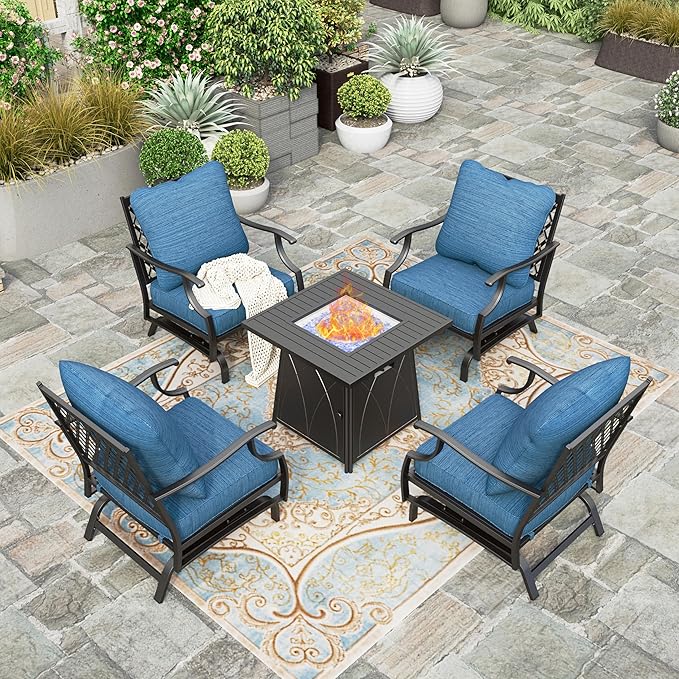 HERA'S HOUSE Patio Furniture Set with Fire Pit Table, 4 x Thick Cushioned Rocking Chairs, 1 x 28 Fire Pit Table (50,000 BTU), 5 Pieces Outdoor Conversation Set for Garden Backyard Lawn, Pacific Blue