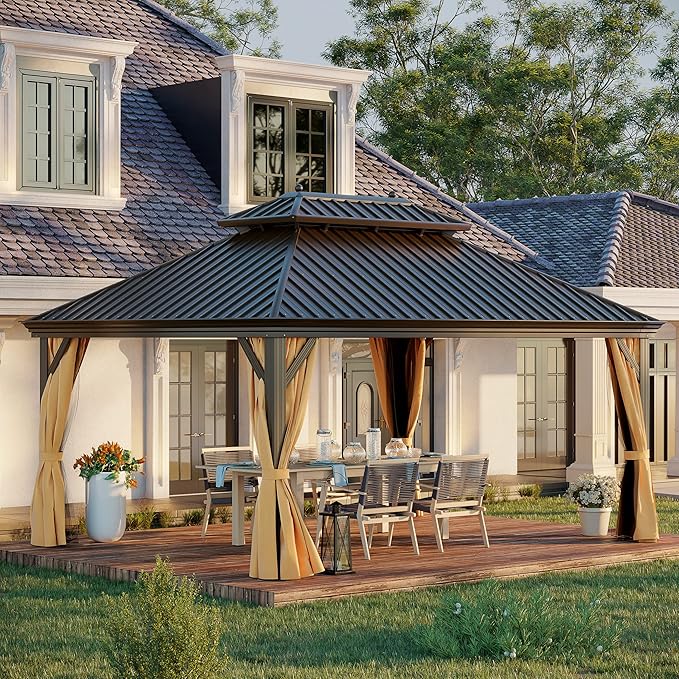 GAZEBEST 12' X 16' Hardtop Gazebo, Outdoor Galvanized Steel Double Roof Permanent Aluminum Frame Pavilion Pergola Canopy with Privacy Curtains for Garden, Patio, Backyard, Deck and Lawns.