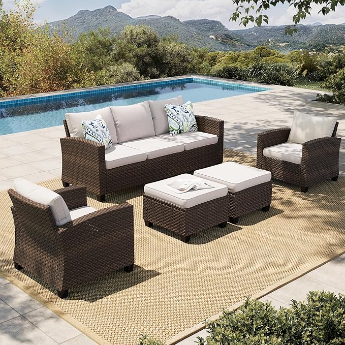 HERA'S HOUSE Patio Furniture Set, 5 Pieces Outdoor Wicker Furniture, All Weather Rattan Patio Conversation Set, Deep Seating Outdoor Sofa Sets for Lawn Deck Backyard, Brown/Beige