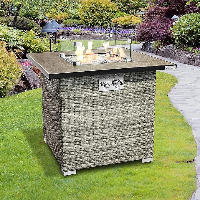 SereneLife Propane Fire Pit Table, 50000 BTU CSA/ETL Certified Safe Gas Table with Sturdy Wicker Base, Stainless Steel Burner, Glass Wind Guard & Cover, Outdoor Fireplaces for Parties
