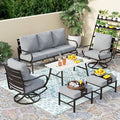 PHI VILLA 6 Piece Patio Furniture Sets with 1 x 3-Seat Deep Seating Bench, 2 x Cushioned Swivel Sofa Chairs, 1 x Coffee Table & 2 Ottoman, Outdoor Metal Conversation Set for Lawn Garden Yard,Grey