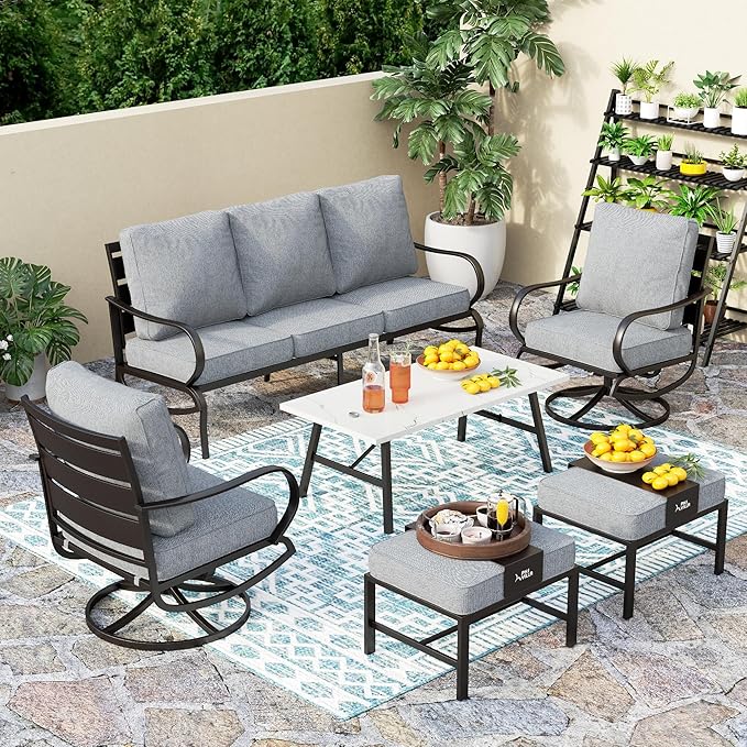 PHI VILLA 6 Piece Patio Furniture Sets with 1 x 3-Seat Deep Seating Bench, 2 x Cushioned Swivel Sofa Chairs, 1 x Coffee Table & 2 Ottoman, Outdoor Metal Conversation Set for Lawn Garden Yard,Grey