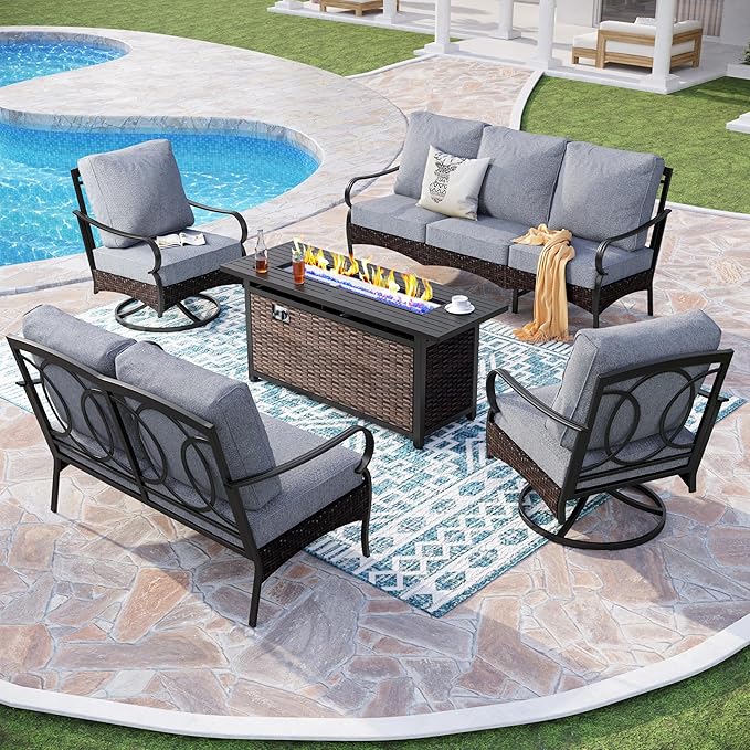 PHI VILLA Patio Furniture Set with 56" Fire Pit Table, Premium Outdoor Wicker Metal Frame Furniture with Upgraded Waterproof Thick Cushions for Porch, Poolside, Deck, and Yard （5 Pieces, Grey