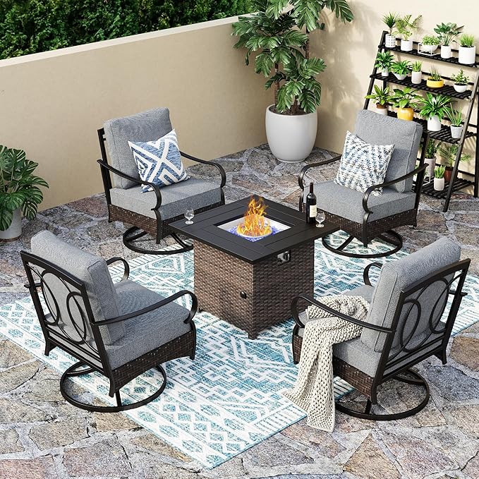 Patio Furniture Set with 32" Fire Pit Table, Patio Conversation Sets 4 Swivel Chairs with Thick Cushion and 50000 BTU Fire Pit Table (5 Pieces,Grey