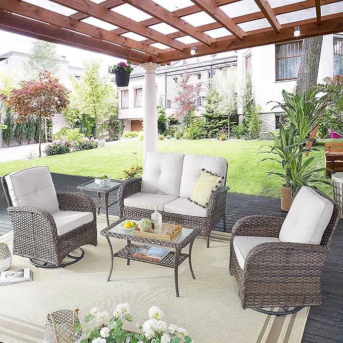 Patio Furniture Swivel Glider PE Wicker Chairs, Outdoor Swivel Rocker Seating with Cushions for Porch Deck Balcony, Brown/Beige