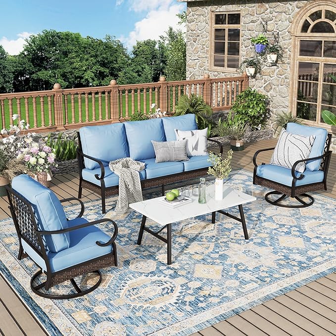 Patio Furniture Set with Coffee Table, Outdoor Conversation Set with 2 x Swivel Chairs, 1 x 3-Seat Sofa for Lawn Garden Backyard, Blue