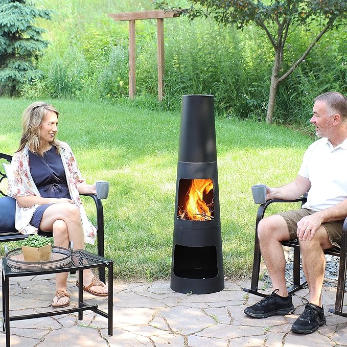Sunnydaze Chiminea Outdoor Fireplace - Chiminea Fire Pit with Poker and Cover - Outdoor Wood-Burning Fire Pit - Black
