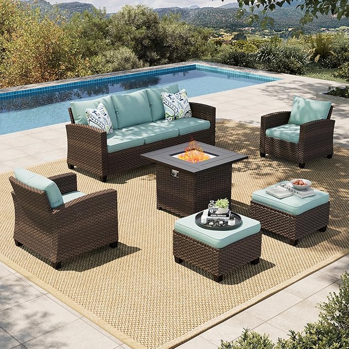 HERA'S HOUSE Wicker Patio Furniture Set with Fire Pit Table, 6 Pieces Outdoor Seating Furniture with Thick Cushions, 7 Seats Patio Conversation Sofa Sets, Blue
