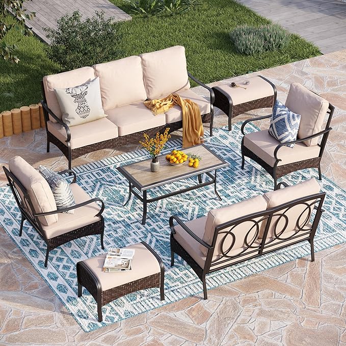 PHI VILLA Extra Large Outdoor Modern Patio Furniture Set, Upgraded Wicker&Metal Patio Furniture Conversation Set with Waterproof Thick Cushions for Porch, Poolside, Deck, and Yard(7 Pieces,Beige)
