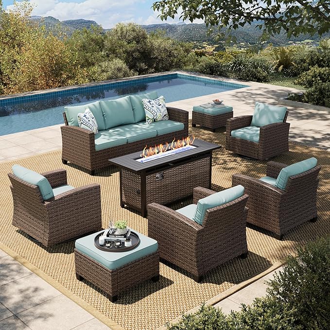 HERA'S HOUSE Swivel Glider Patio Furniture Set, Outdoor Sectional Conversation Sets with 56" Fire Pit Table, 8 Pieces 9 Seats Outside Sofa for Lawn Deck Backyard, Blue