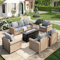 Patio Furniture Set 6 pcs, Wicker Outdoor Patio Furniture, 3-Seat Sofa, 4 Single Chairs and 56" Gas Fire Pit Table, Rattan Patio Conversation Set for Backyard Deck, Grey