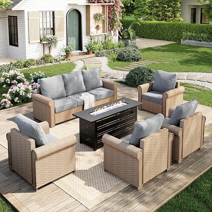 Patio Furniture Set 6 pcs, Wicker Outdoor Patio Furniture, 3-Seat Sofa, 4 Single Chairs and 56" Gas Fire Pit Table, Rattan Patio Conversation Set for Backyard Deck, Grey