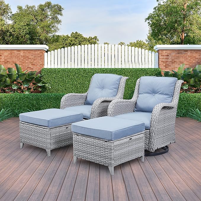 Belord Outdoor Swivel Rocker Furniture 5 Pieces Patio Wicker Furniture Sets, Rattan Patio Swivel Glider Chairs with 2 Ottoman and Glass Side Table