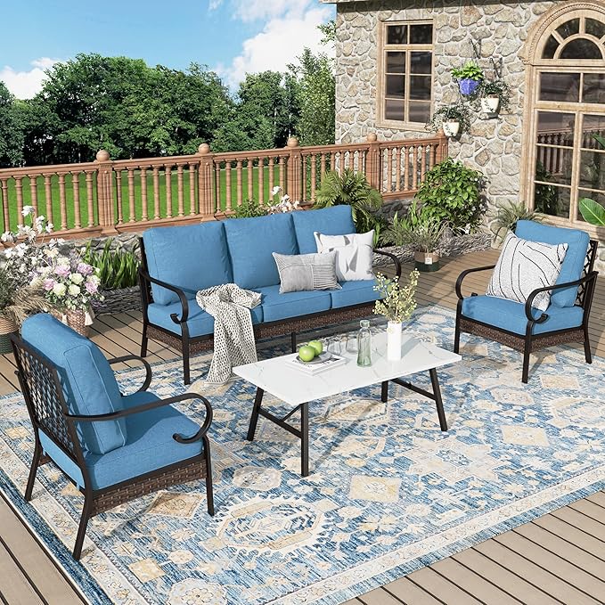 Patio Furniture Set with Coffee Table, Outdoor Conversation Set with 2 x Fixed Chairs, 1 x 3-Seat Sofa for Lawn Garden Backyard, Navy Blue