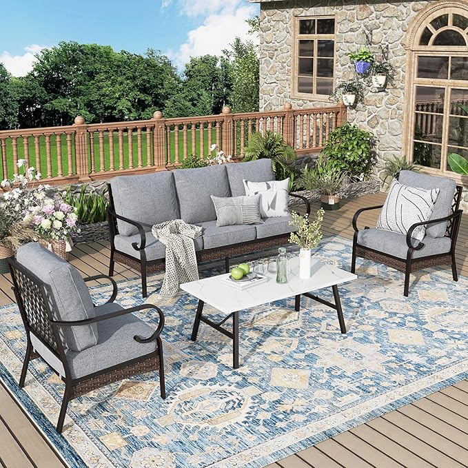 Patio Furniture Set with Coffee Table, Outdoor Conversation Set with 2 x Fixed Chairs, 1 x 3-Seat Sofa for Lawn Garden Backyard, Grey