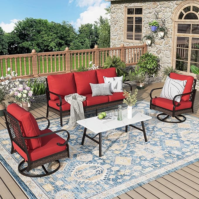 Patio Furniture Set with Coffee Table, Outdoor Conversation Set with 2 x Swivel Chairs, 1 x 3-Seat Sofa for Lawn Garden Backyard, Red