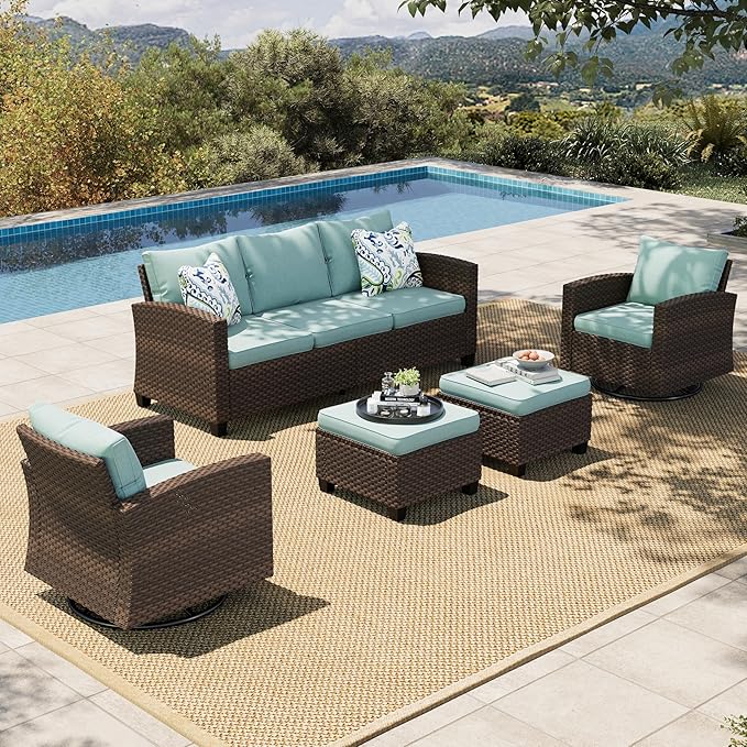 HERA'S HOUSE Patio Furniture Set with Swivel Glide Chairs, 5 Pieces Outdoor Conversation Sofa Sets, Deep Seating Brown Wicker Rattan Furniture Set for Lawn Deck Backyard, Blue