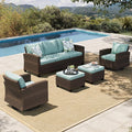 HERA'S HOUSE Patio Furniture Set with Swivel Glide Chairs, 5 Pieces Outdoor Conversation Sofa Sets, Deep Seating Brown Wicker Rattan Furniture Set for Lawn Deck Backyard, Blue