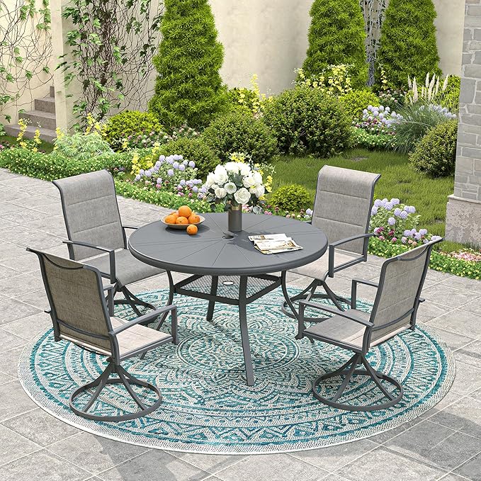VICLLAX Round Patio Dining Table, 4 Person Aluminum Outdoor Dining Table with Umbrella Hole and Storage Shelf for Garden Lawn Deck, 40.6" Dark Grey