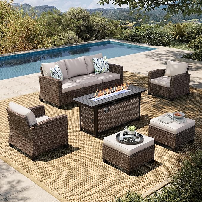 HERA'S HOUSE Patio Furniture Set with 56" Fire Pit Table, Outdoor Patio Conversation Sets, 6 Pieces 7 Seats Wicker Outside Sectional Sofa Set for Lawn Backyard Deck