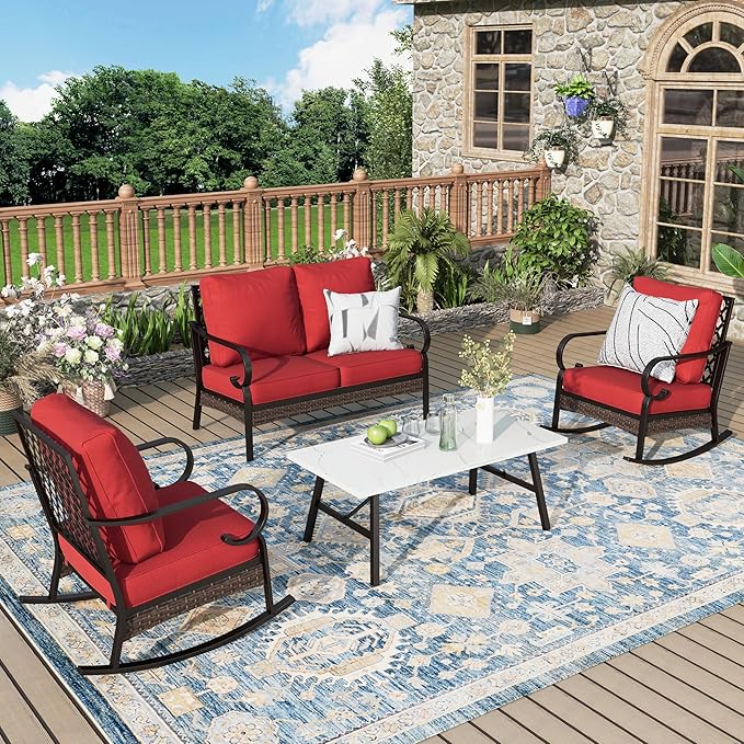 Patio Furniture Set with Coffee Table, Outdoor Conversation Set with 2 x Rocking Chair, 1 x 2-Seat Sofa for Lawn Garden Backyard, Red