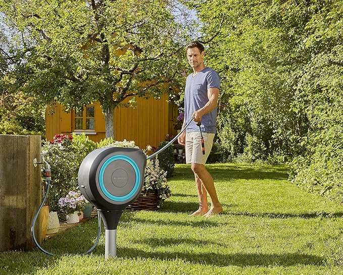 GARDENA 18614 | 66' x 1/2" Automatic Retractable Garden Hose Reel on Metal Spike, Outside Garden Hose with 360° swivel. No Holes in your house, Easy Installation, No Tools Required