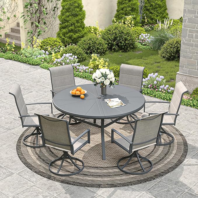 VICLLAX Round Patio Dining Table, 4-6 Person Aluminum Outdoor Dining Table with Umbrella Hole and Storage Shelf for Garden Lawn Deck, 47.2" Dark Grey