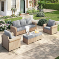 Patio Furniture Set 5 pcs, Wicker Outdoor Patio Furniture, 3-Seat Sofa, 2 Single Chairs and 2 Ottomans, Rattan Patio Conversation Set for Backyard Deck, Grey
