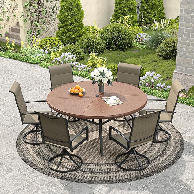 VICLLAX Round Patio Dining Table, 6-8 Person Aluminum Outdoor Dining Table with Umbrella Hole and Storage Shelf for Garden Lawn Deck, 53" Walnut