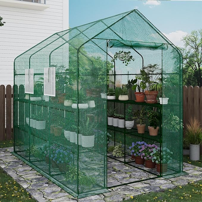 Greenhouse, 57 x 85 x 77'' Greenhouses for Outdoors, with Mesh Side Windows, PE Cover, 8 Shelves, Heavy Duty Walk in Green House for Backyard Garden Indoor, White& Green Outside