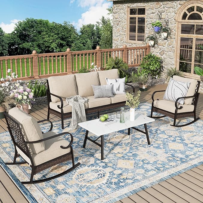 Patio Furniture Set with Coffee Table, Outdoor Conversation Set with 2 x Rocking Chairs, 1 x 3-Seat Sofa for Lawn Garden Backyard, Beige