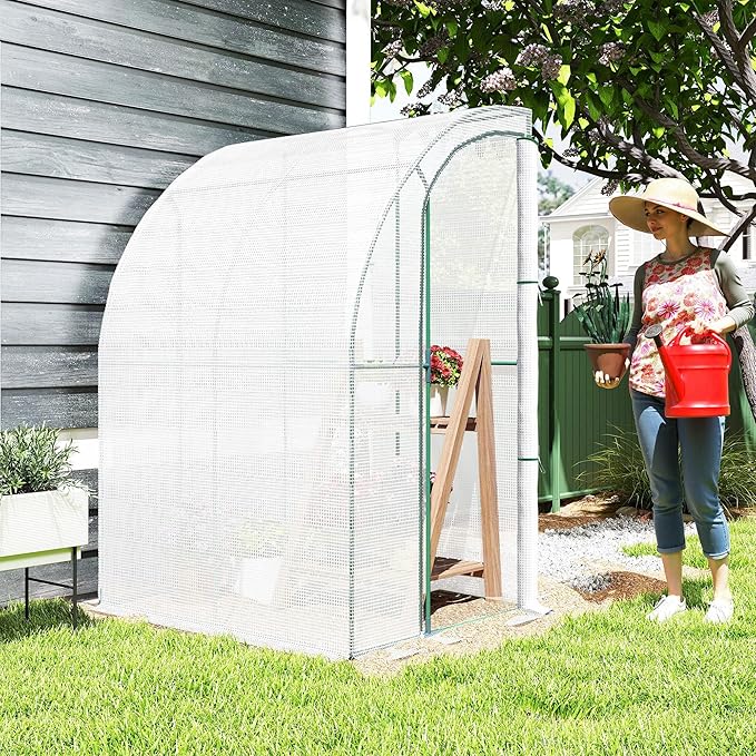 Outsunny 5' x 4' x 7' Outdoor Lean to Greenhouse, Walk-in Green House Plant Nursery with Roll-up Window, PE Cover, White